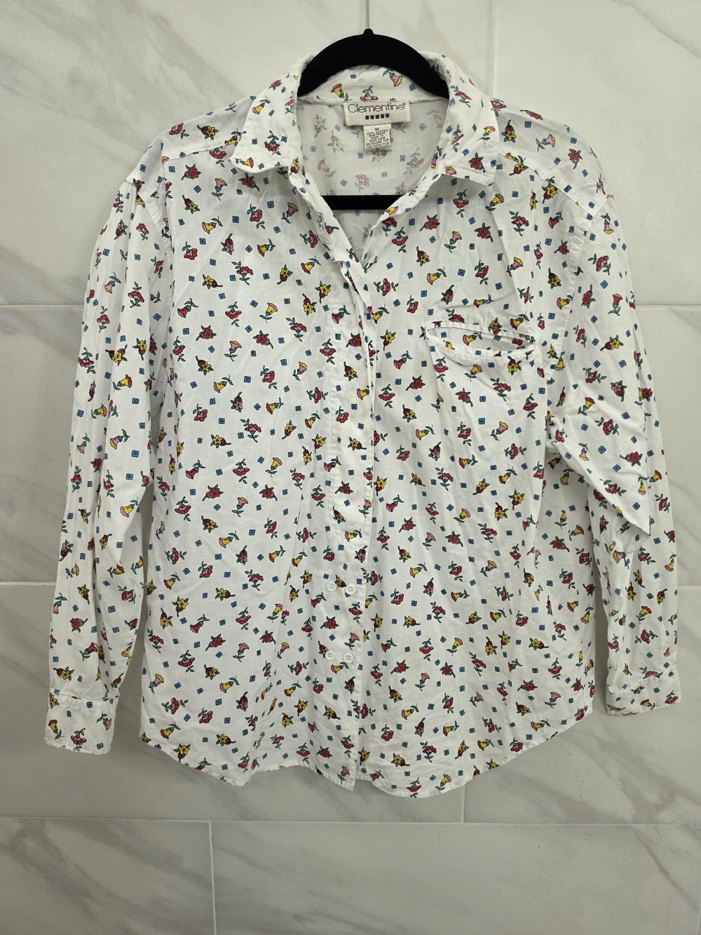 1980's Vintage Clementine White Button-Up Shirt with Tiny Floral Print
